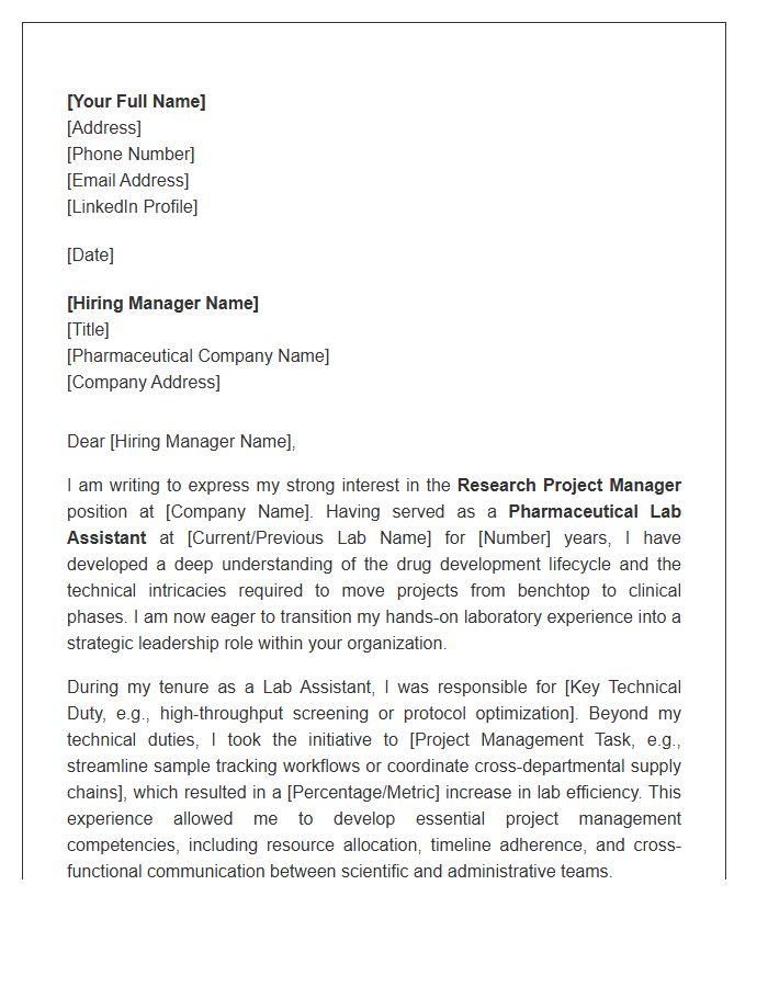 Pharmaceutical Lab Assistant To Research Project Manager Cover Letter Template