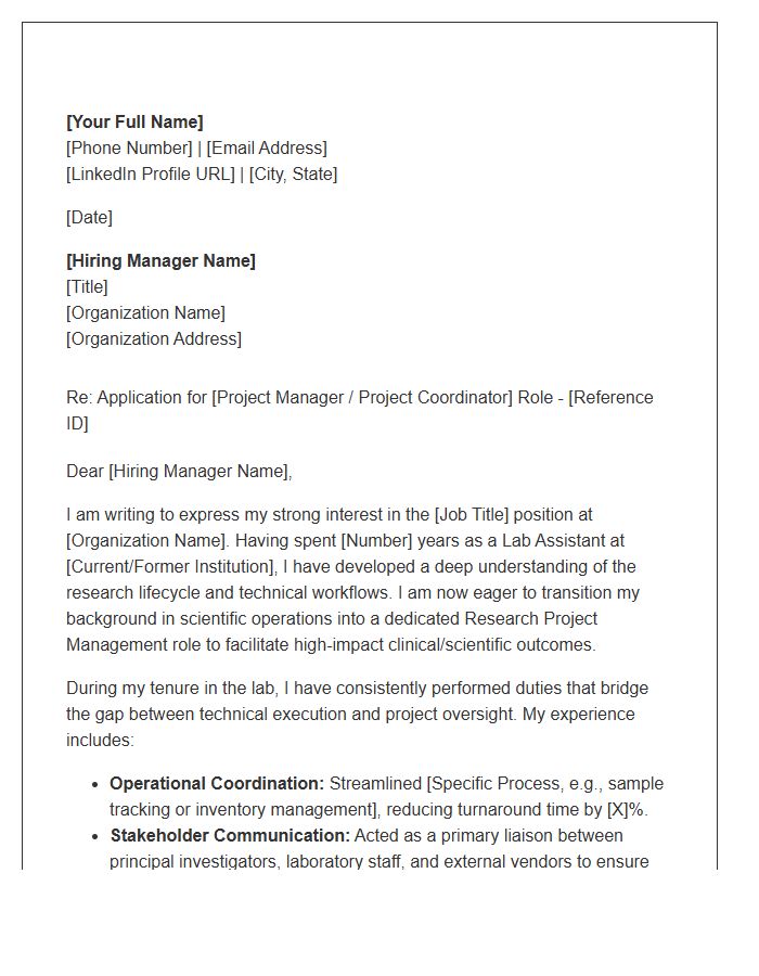 Research Project Management Cover Letter Template For Transitioning Lab Assistants