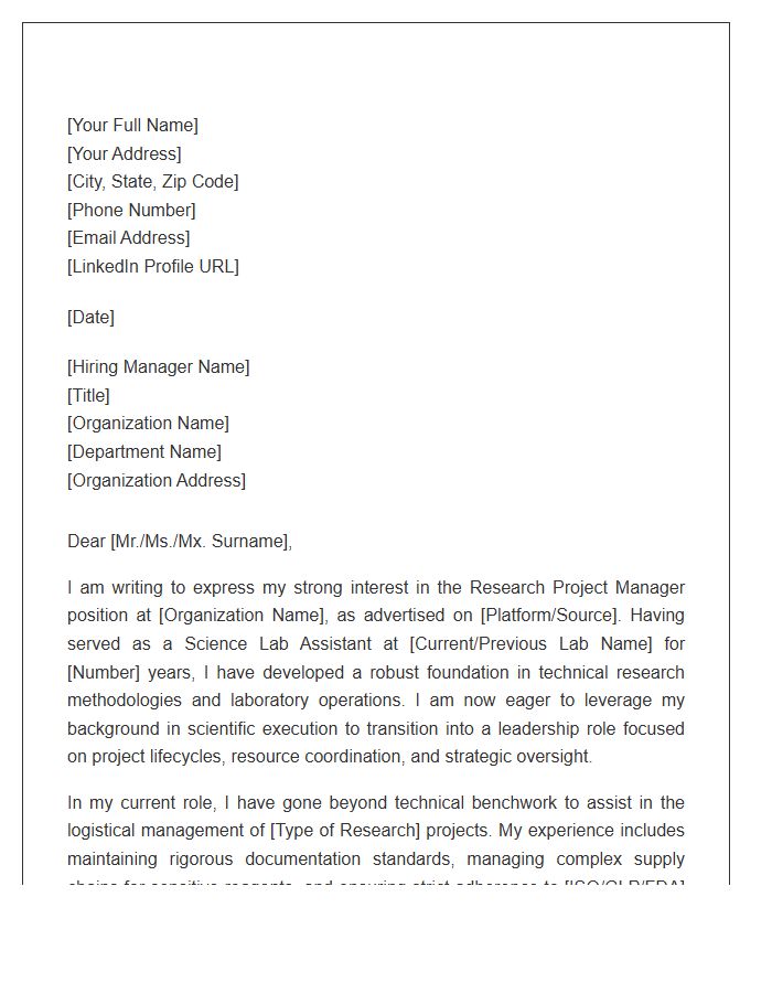 Science Lab Assistant To Research Project Manager Professional Cover Letter Template