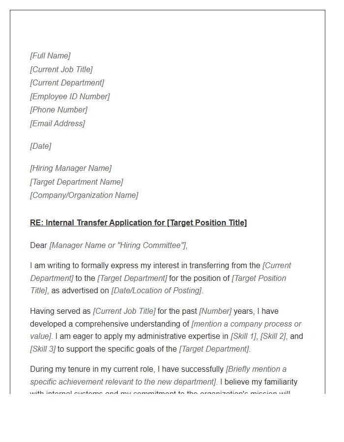 Administrative Department Transfer Cover Letter Template