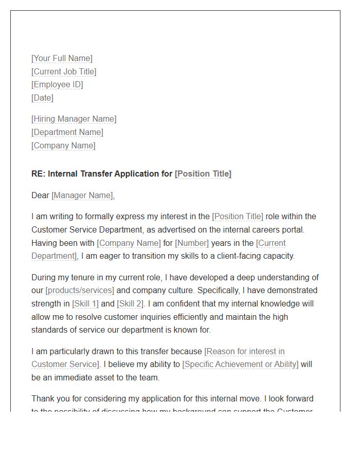 Customer Service Department Transfer Cover Letter Template