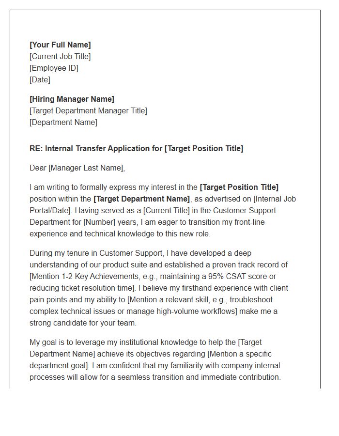 Customer Support Department Transfer Cover Letter Template