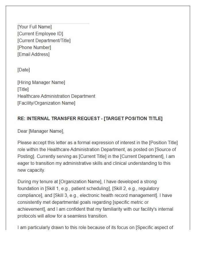 Healthcare Administration Department Transfer Cover Letter Template