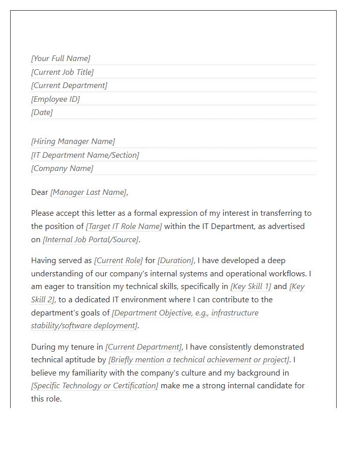 IT Department Transfer Cover Letter Template