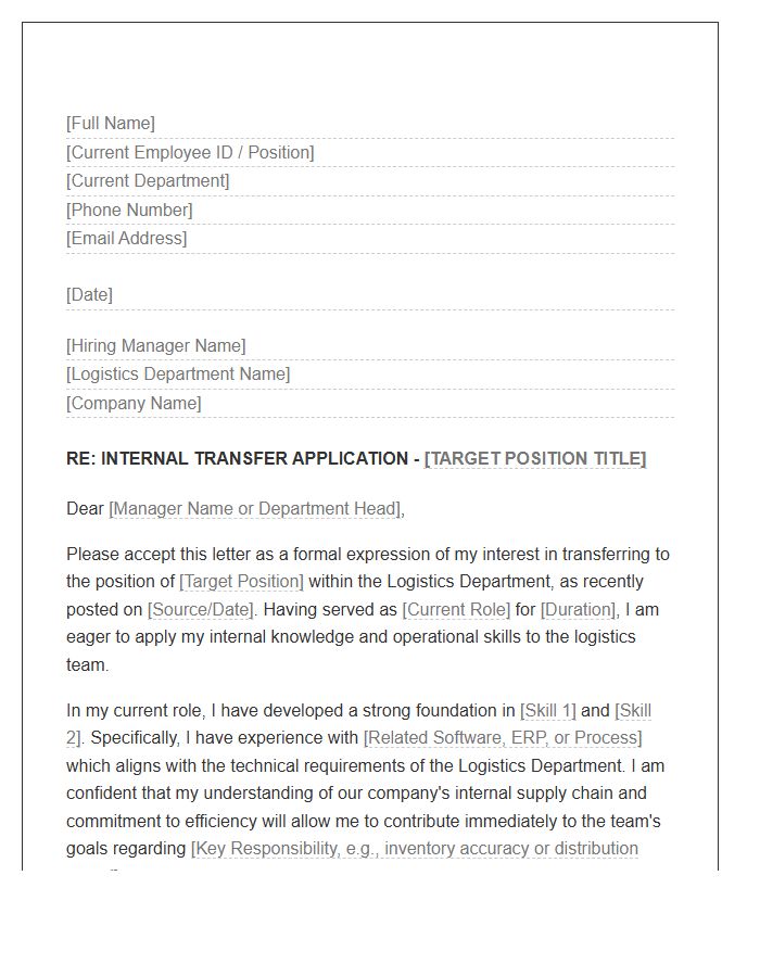 Logistics Department Transfer Cover Letter Template