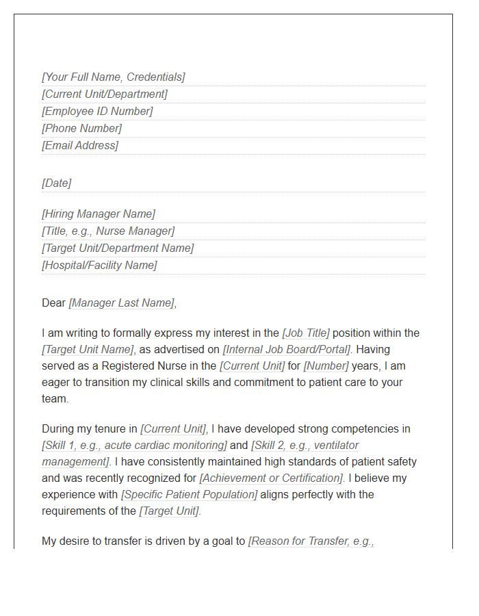 Nursing Department Transfer Cover Letter Template