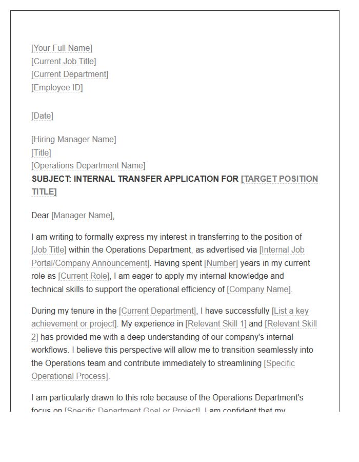 Operations Department Transfer Cover Letter Template