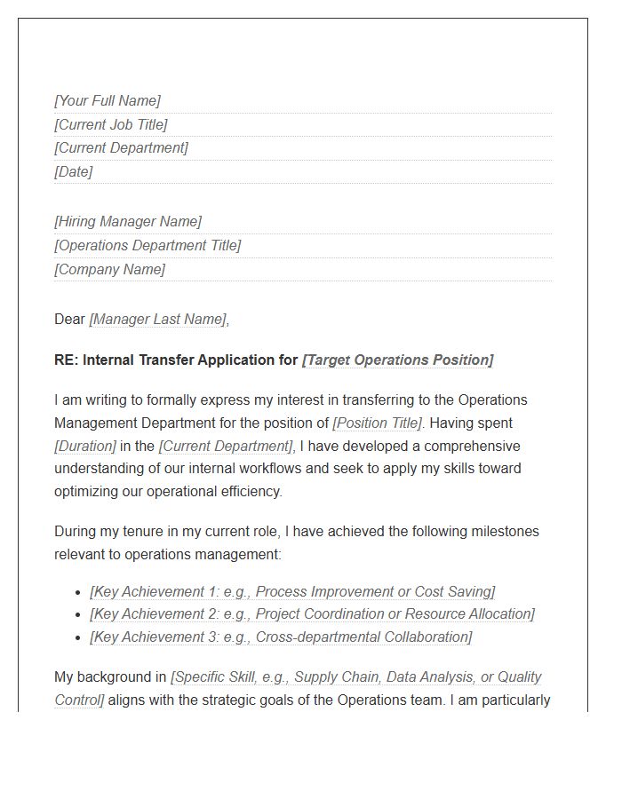 Operations Management Department Transfer Cover Letter Template