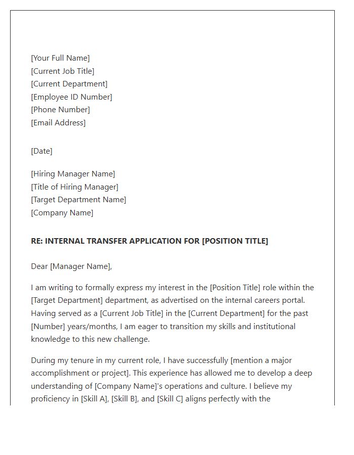 Professional Department Transfer Cover Letter Template