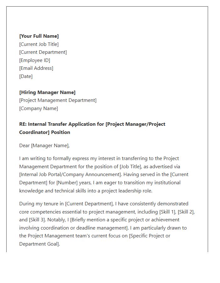 Project Management Department Transfer Cover Letter Template