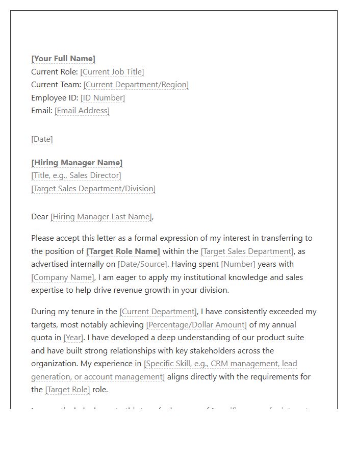 Sales Team Department Transfer Cover Letter Template
