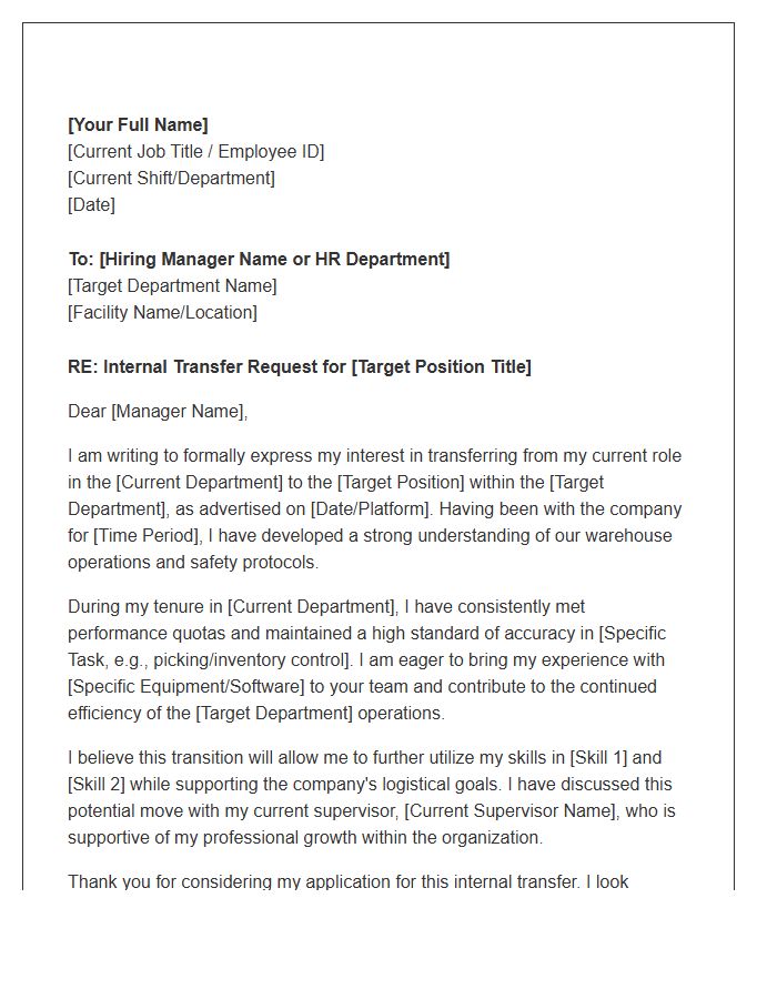 Warehouse Department Transfer Cover Letter Template