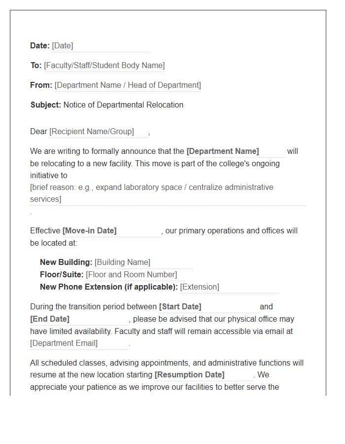 College Department Relocation Cover Letter Template