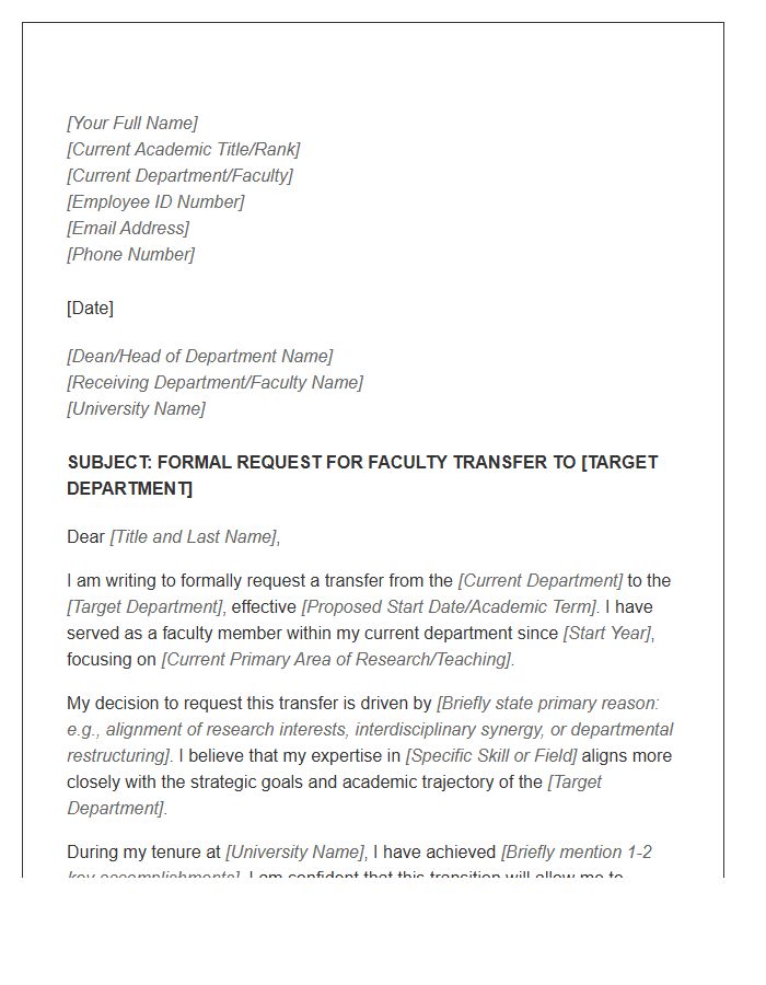 Faculty Transfer Request Cover Letter Template