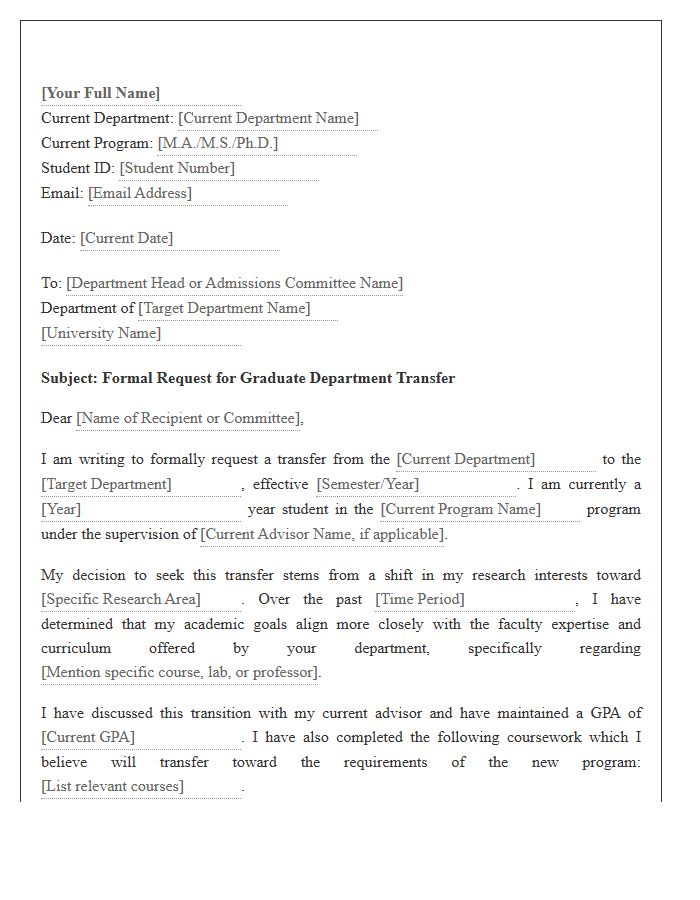Graduate Student Department Transfer Cover Letter Template