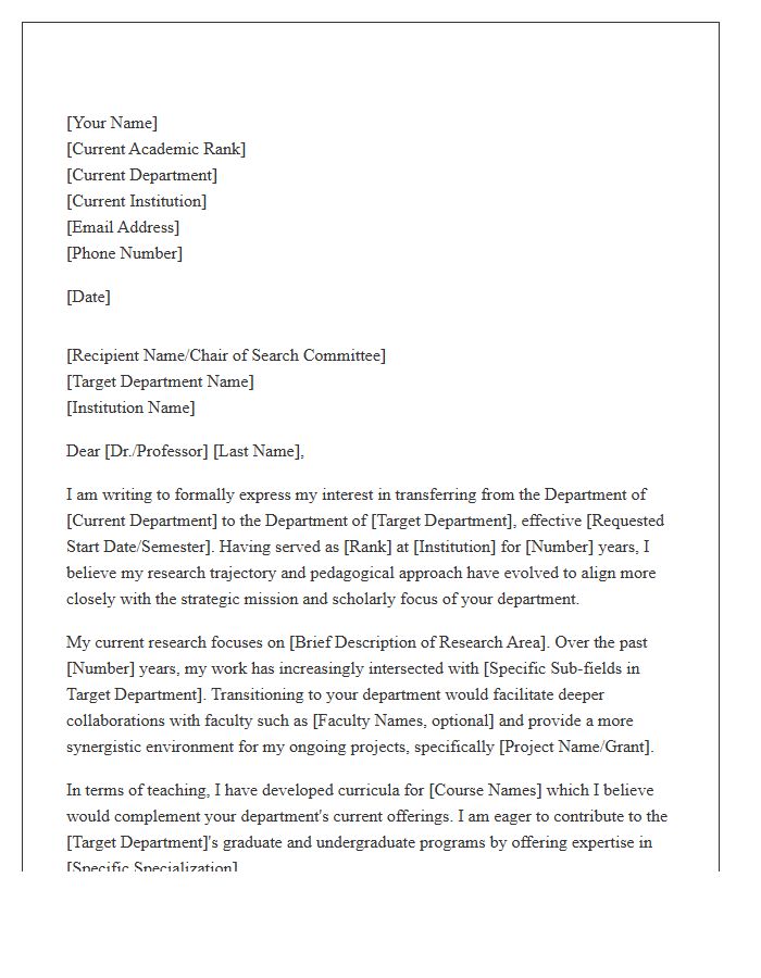 Professor Department Transfer Cover Letter Template