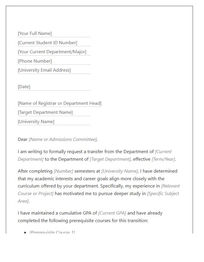 University Department Change Cover Letter Template