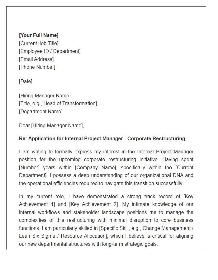 Corporate Restructuring Internal Project Manager Cover Letter Template