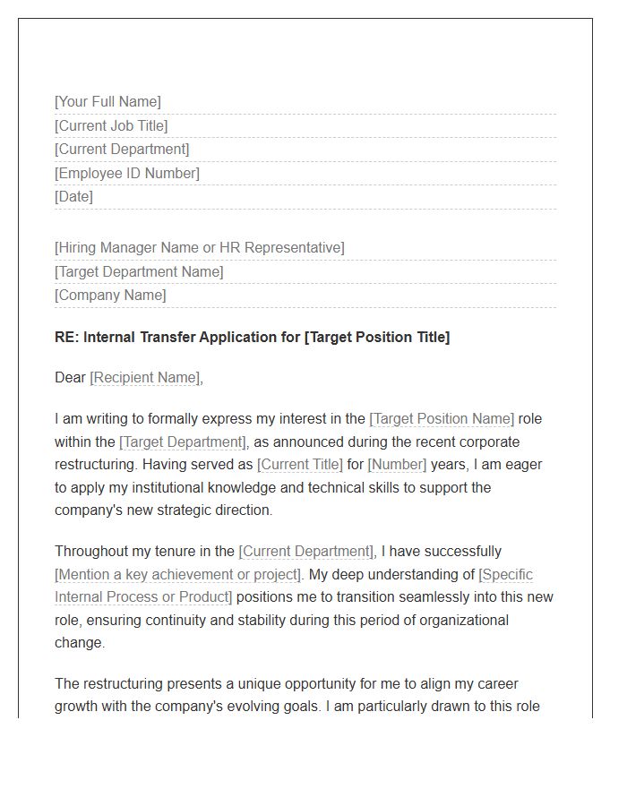 Corporate Restructuring Internal Transfer Cover Letter Template