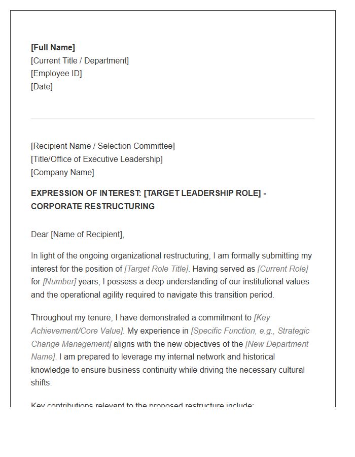 Corporate Restructuring Senior Leadership Internal Cover Letter Template