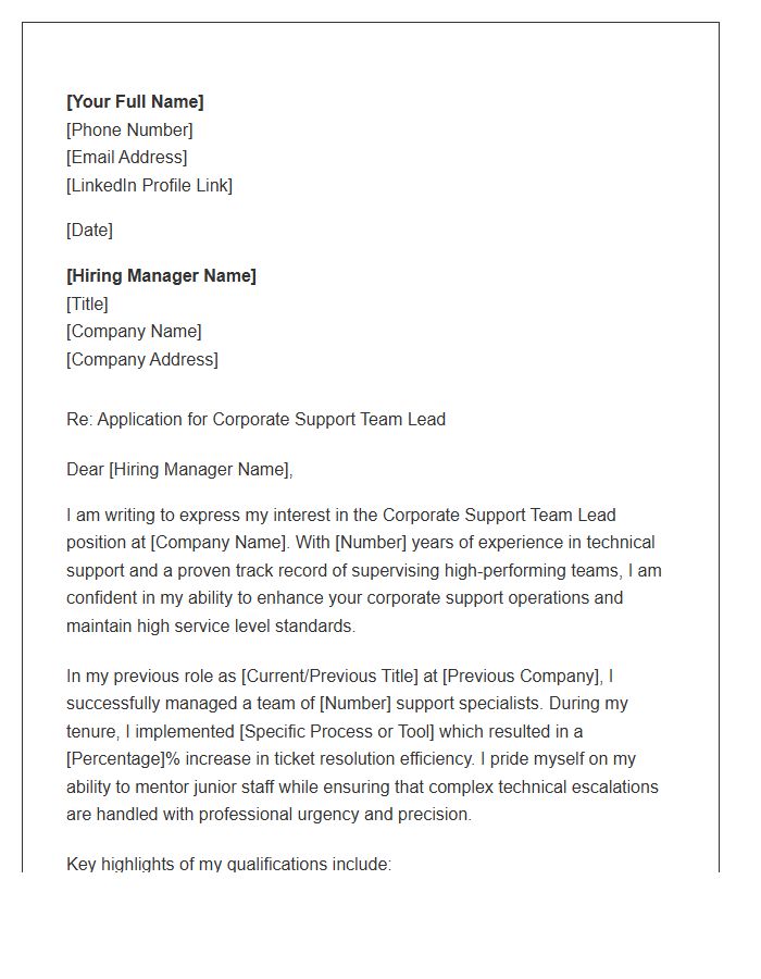 Corporate Support Team Lead Cover Letter Template