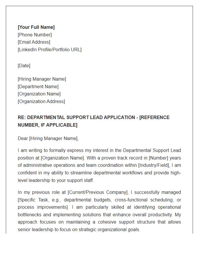 Departmental Support Lead Cover Letter Template