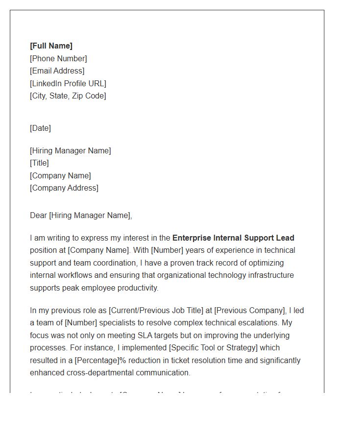 Enterprise Internal Support Lead Cover Letter Template