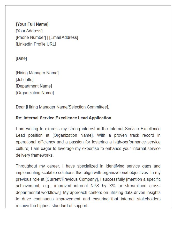 Internal Service Excellence Lead Cover Letter Template