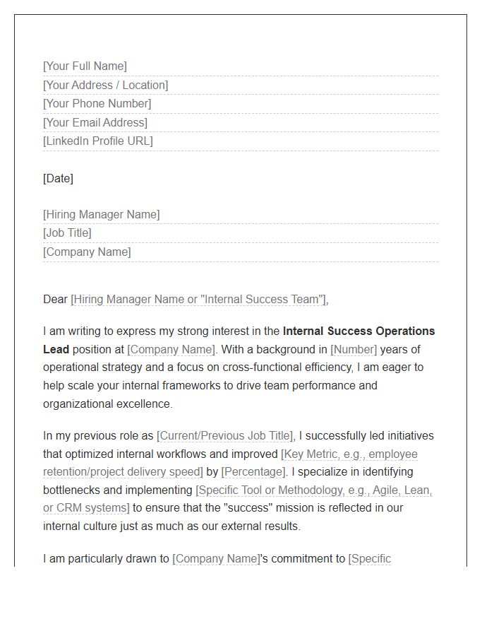 Internal Success Operations Lead Cover Letter Template