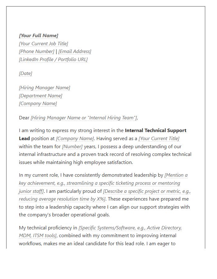Internal Technical Support Lead Cover Letter Template