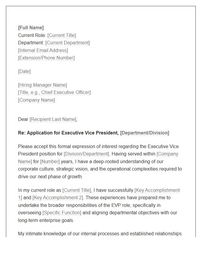 Executive Vice President Internal Application Cover Letter Template