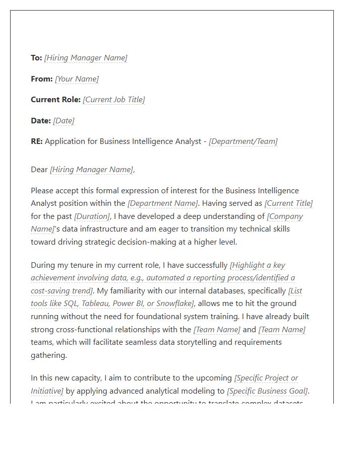 Business Intelligence Analyst Internal Promotion Cover Letter Template