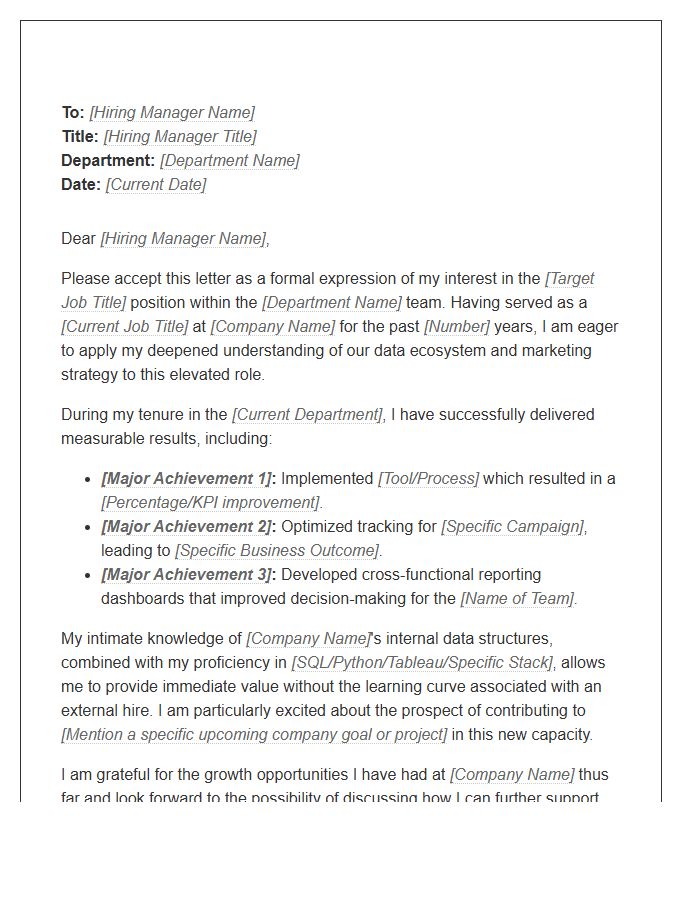 Marketing Data Analyst Internal Promotion Cover Letter Template