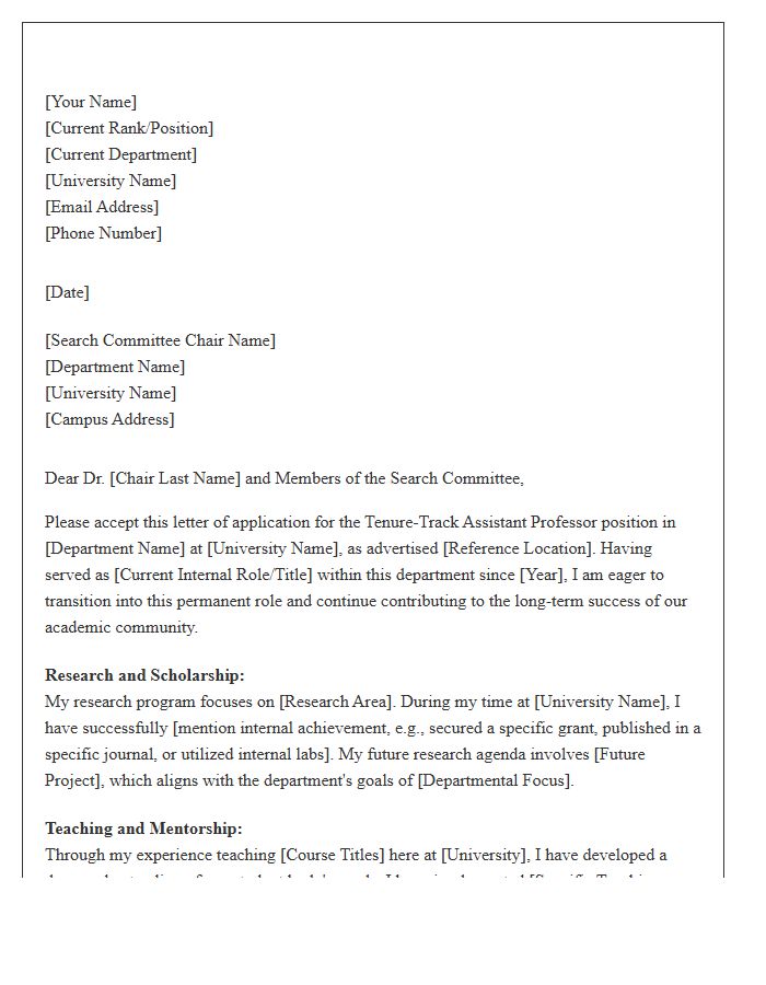Assistant Professor Internal Tenure Track Cover Letter Template