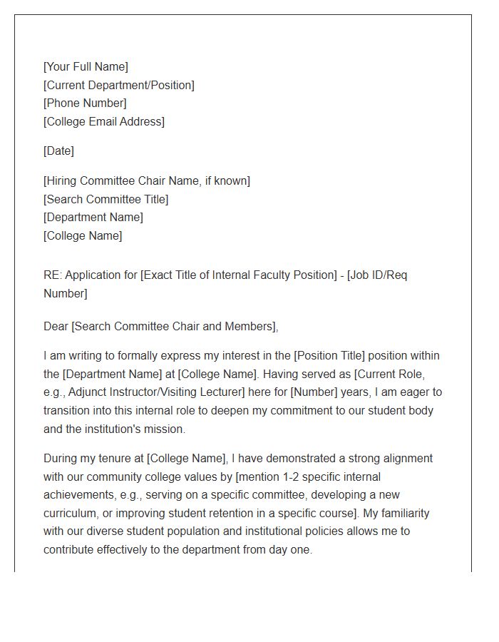 Community College Internal Faculty Appointment Cover Letter Template