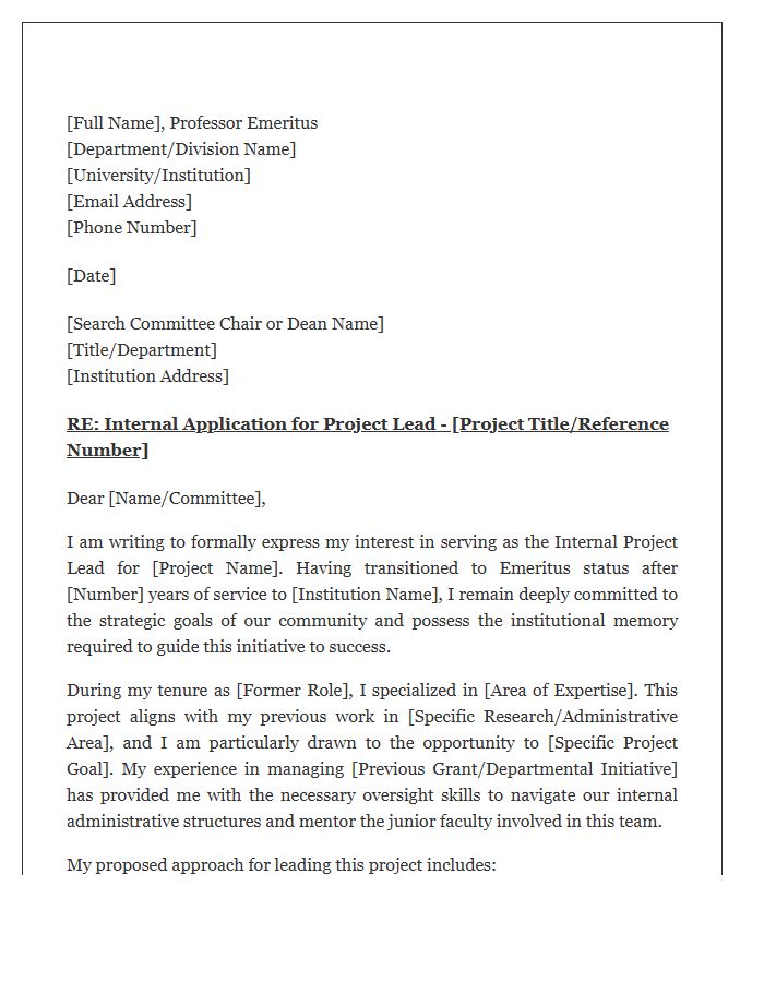 Emeritus Faculty Internal Project Lead Cover Letter Template