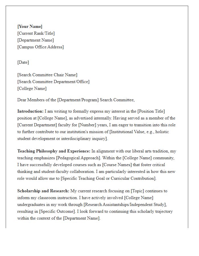 Liberal Arts College Internal Faculty Cover Letter Template