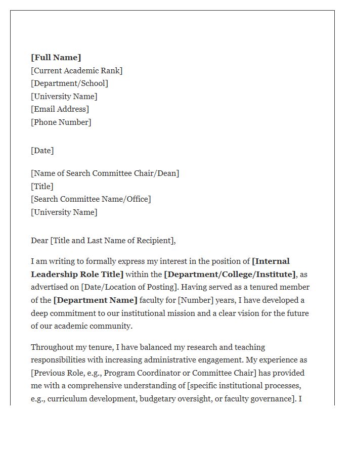 Tenured Faculty Internal Leadership Role Cover Letter Template