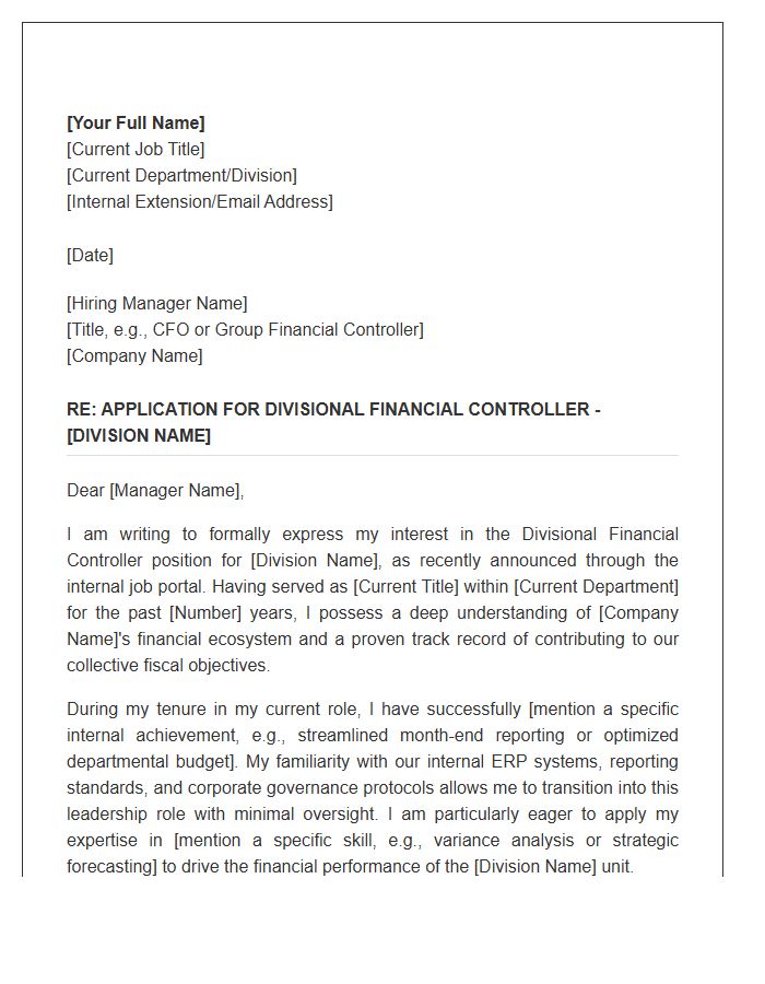 Divisional Financial Controller Internal Selection Cover Letter Template