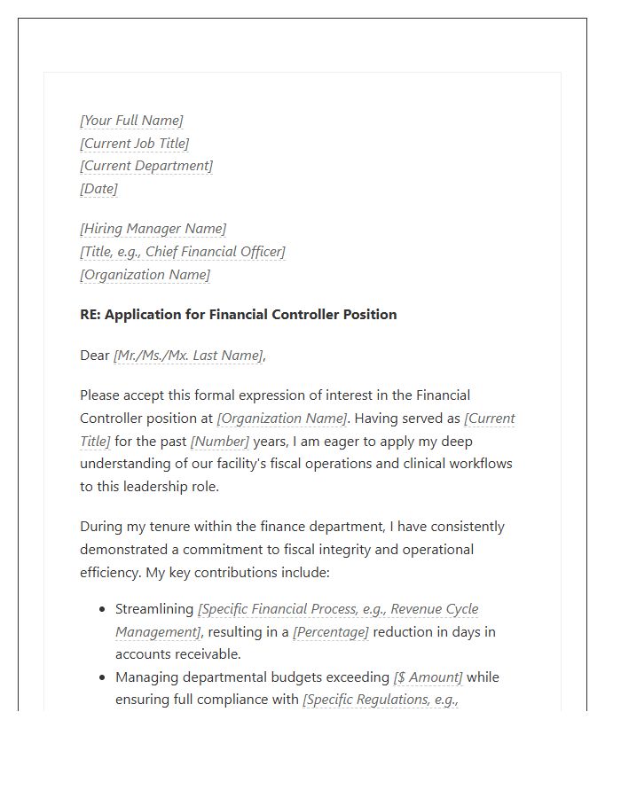 Healthcare Financial Controller Internal Promotion Cover Letter Template