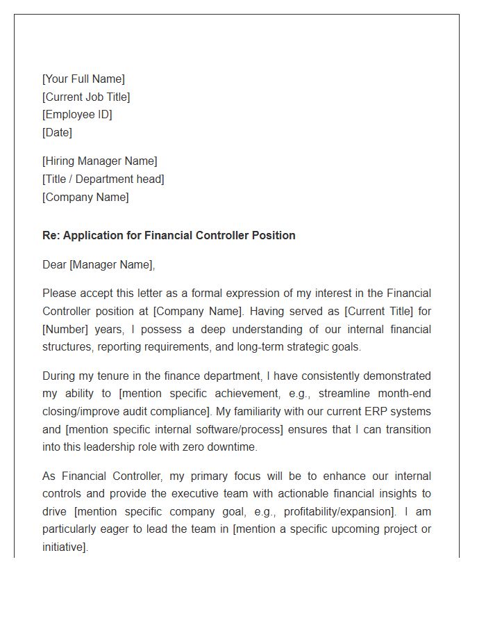 Internal Financial Controller Promotion Cover Letter Template