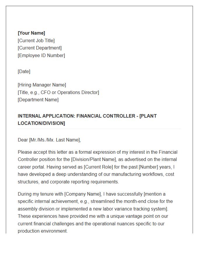 Manufacturing Financial Controller Internal Application Cover Letter Template