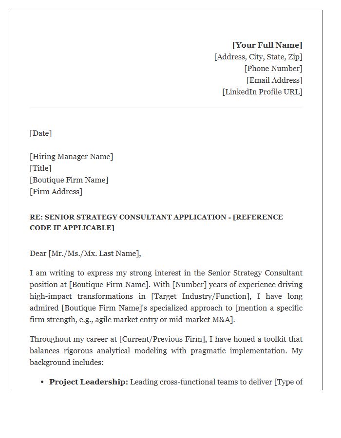Boutique Firm Senior Strategy Consultant Cover Letter Template