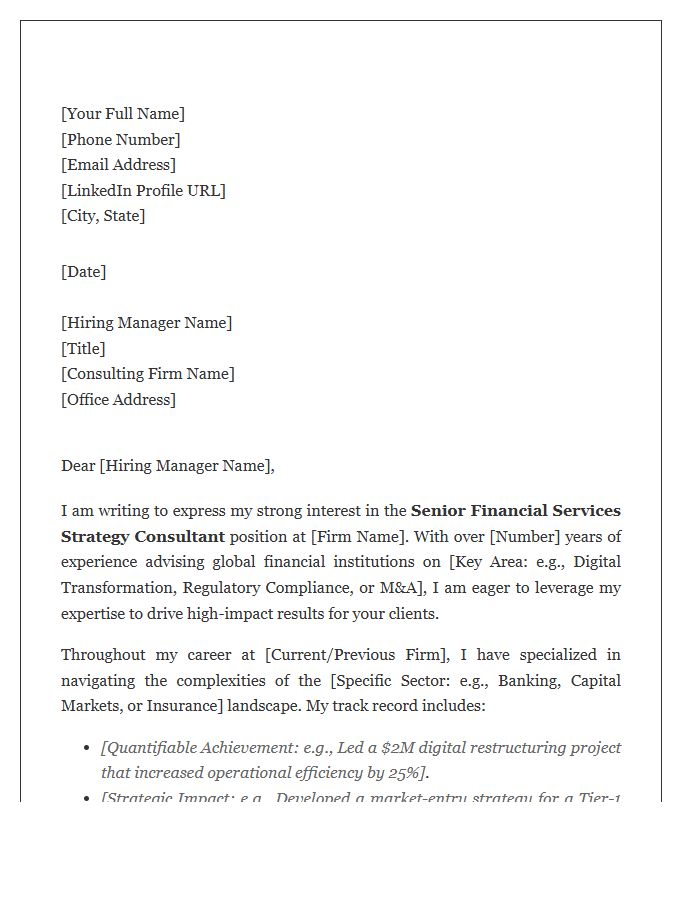 Senior Financial Services Strategy Consultant Cover Letter Template