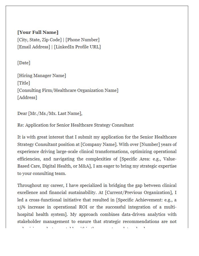 Senior Healthcare Strategy Consultant Cover Letter Template