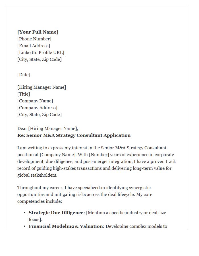 Senior Mergers And Acquisitions Strategy Consultant Cover Letter Template