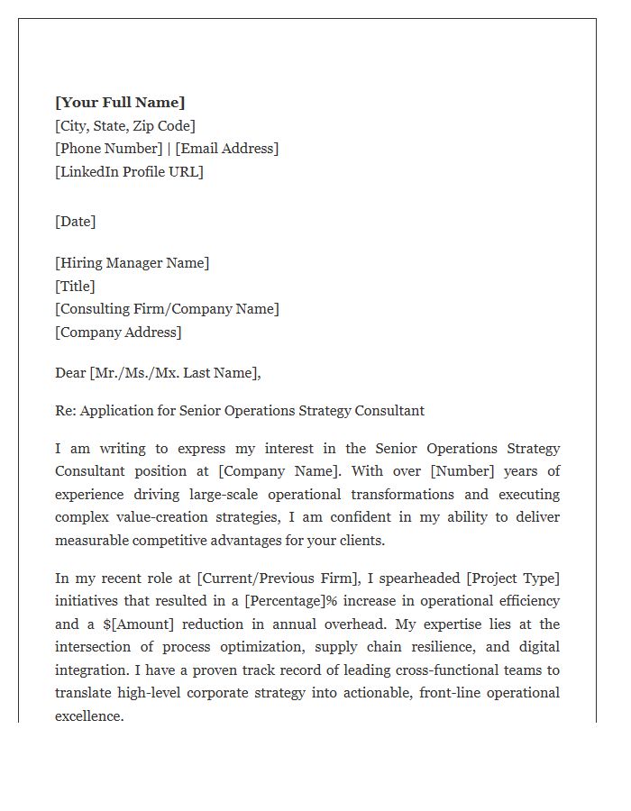 Senior Operations Strategy Consultant Cover Letter Template