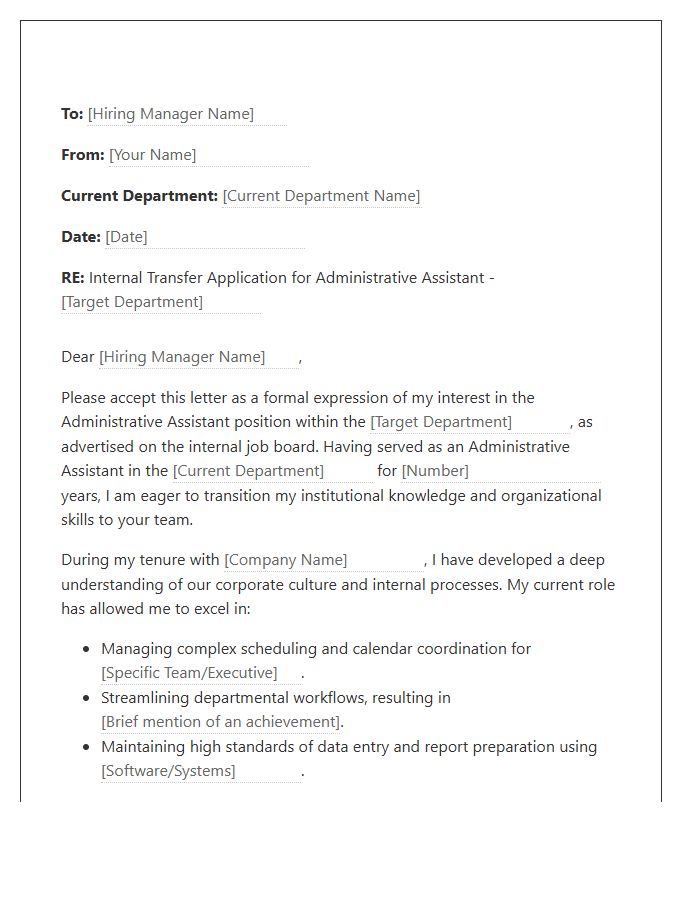 Department Change Administrative Assistant Internal Transfer Cover Letter Template
