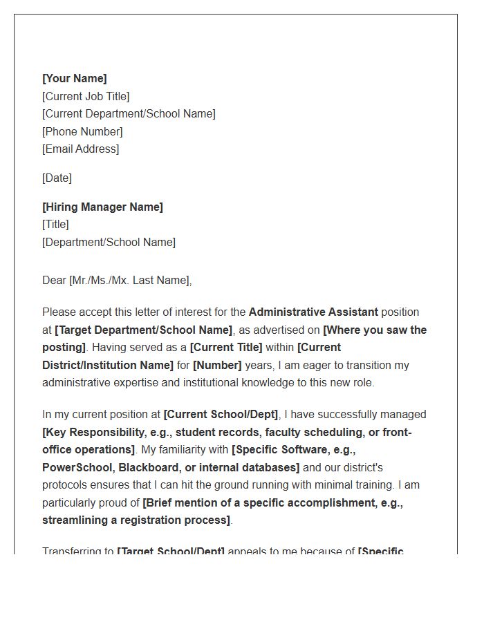 Education Administrative Assistant Internal Transfer Cover Letter Template