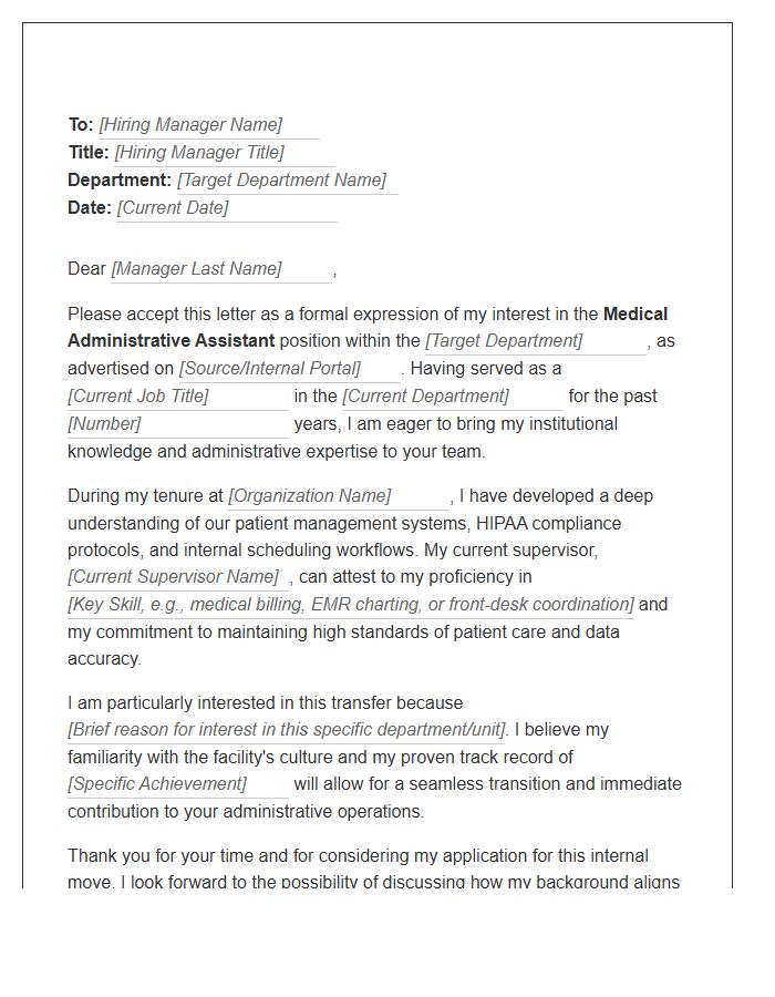 Medical Administrative Assistant Internal Transfer Cover Letter Template